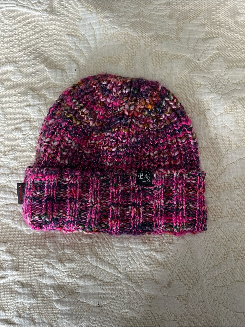 Buff Multicolor Knit Beanie - Pink, Purple & Black Accents